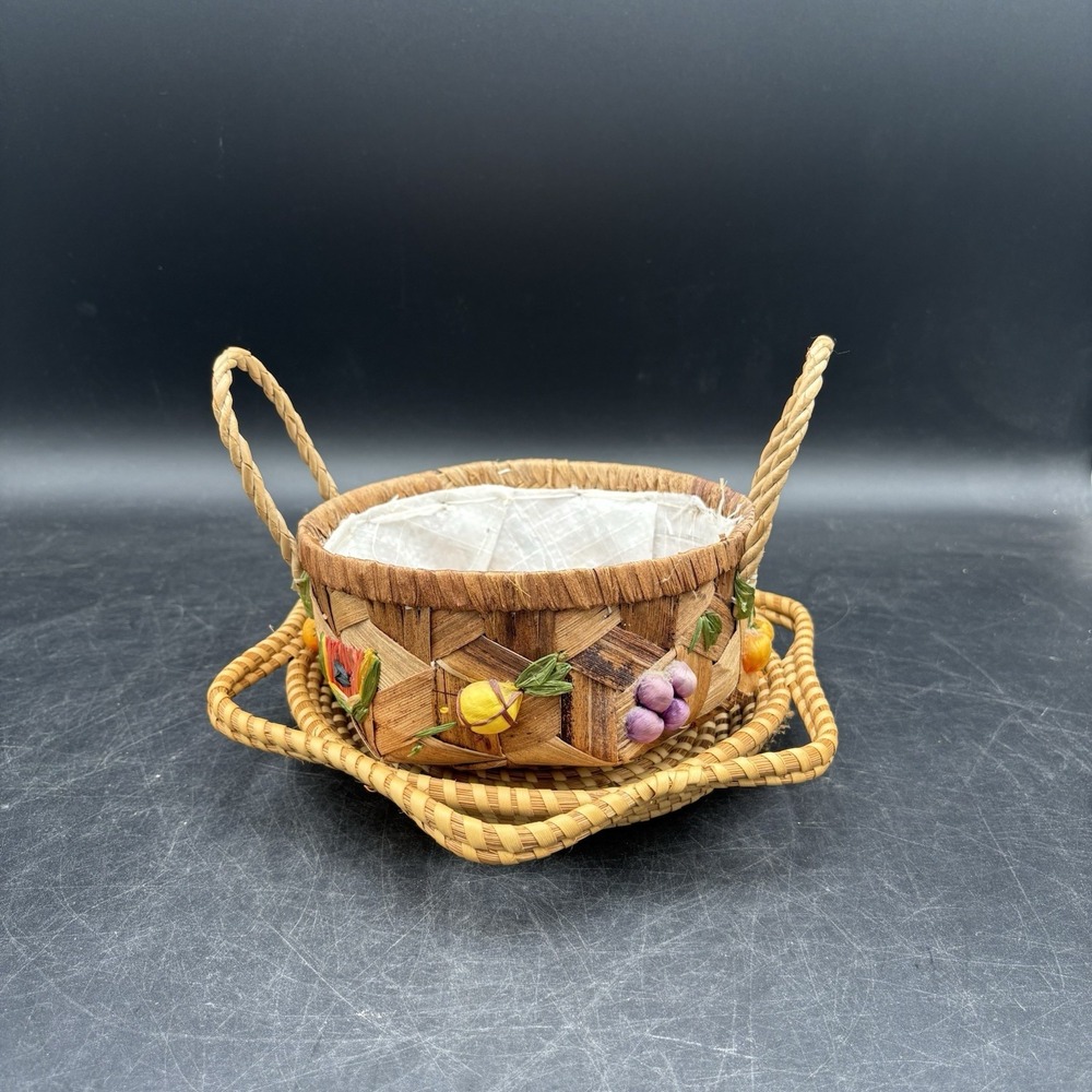 Vintage Woven Straw Nesting Tray & Basket, Bowl with Handles & Fruit , Set of 2